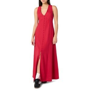 NWT The Drop Women’s Blanca Linen Button Front V-Neck Maxi Dress, Crimson, XS